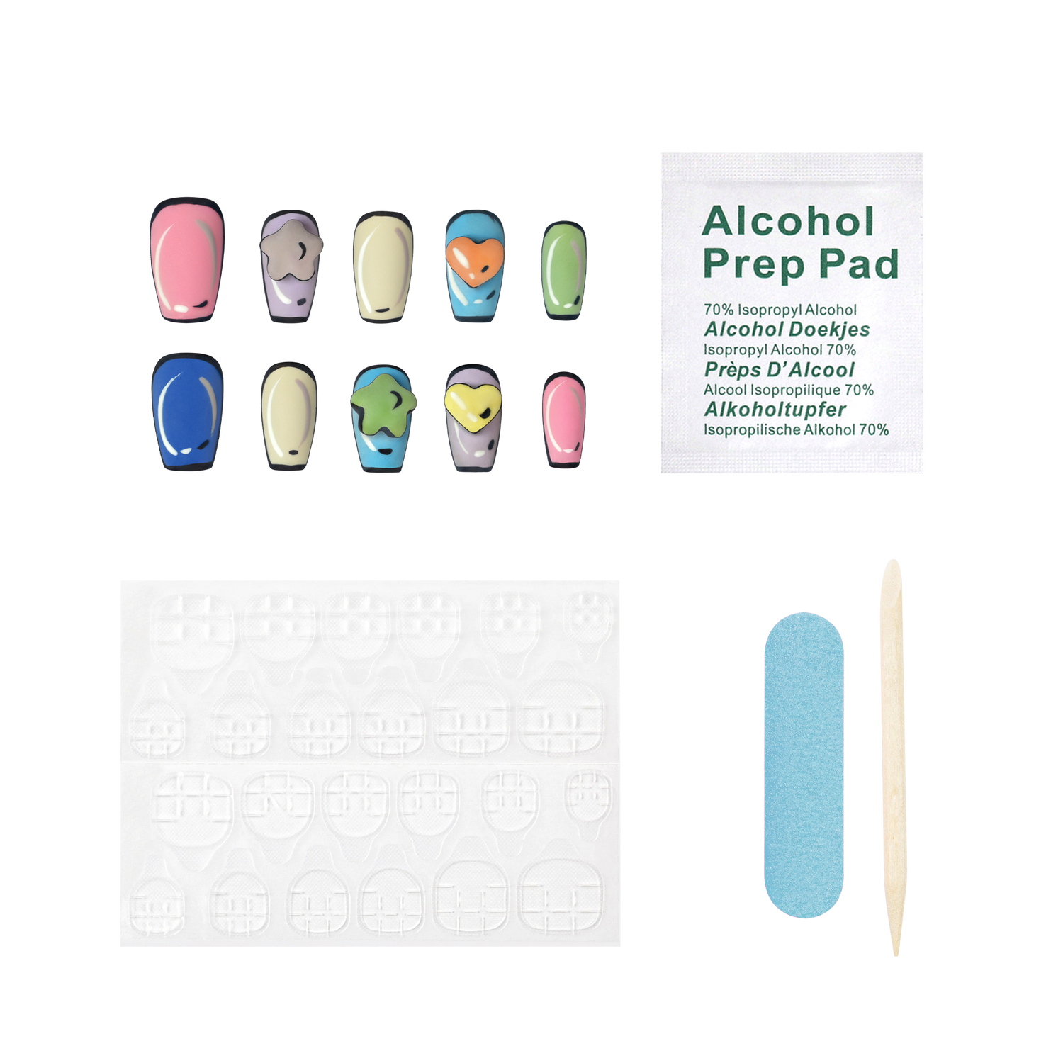 Medium square press-on nails with colorful charm designs from 3H Nails, showcasing vibrant, stylish nail art.