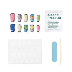 Medium square press-on nails with colorful charm designs from 3H Nails, showcasing vibrant, stylish nail art.