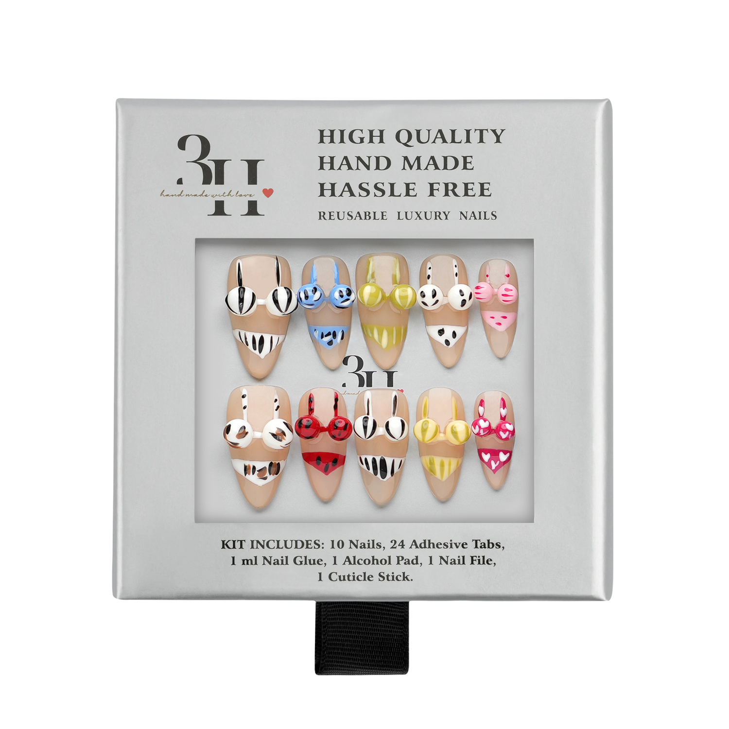 Medium almond press-on nails from 3H Nails Beachwear Smiles collection, displayed in the box on a plain background.