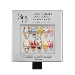Medium almond press-on nails from 3H Nails Beachwear Smiles collection, displayed in the box on a plain background.