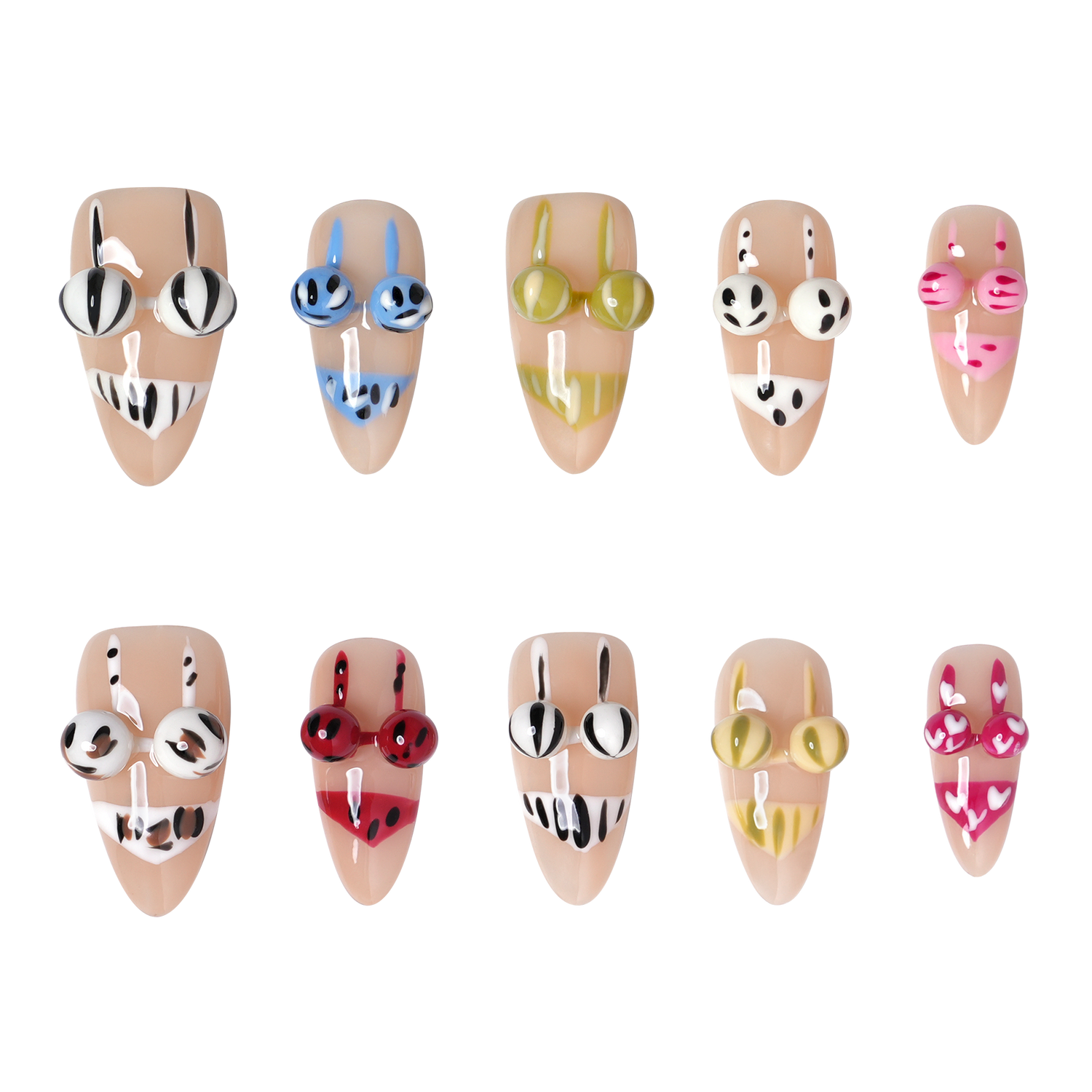 Medium almond press-on nails from 3H Nails Beachwear Smiles collection, showcasing a natural, stylish nail design.