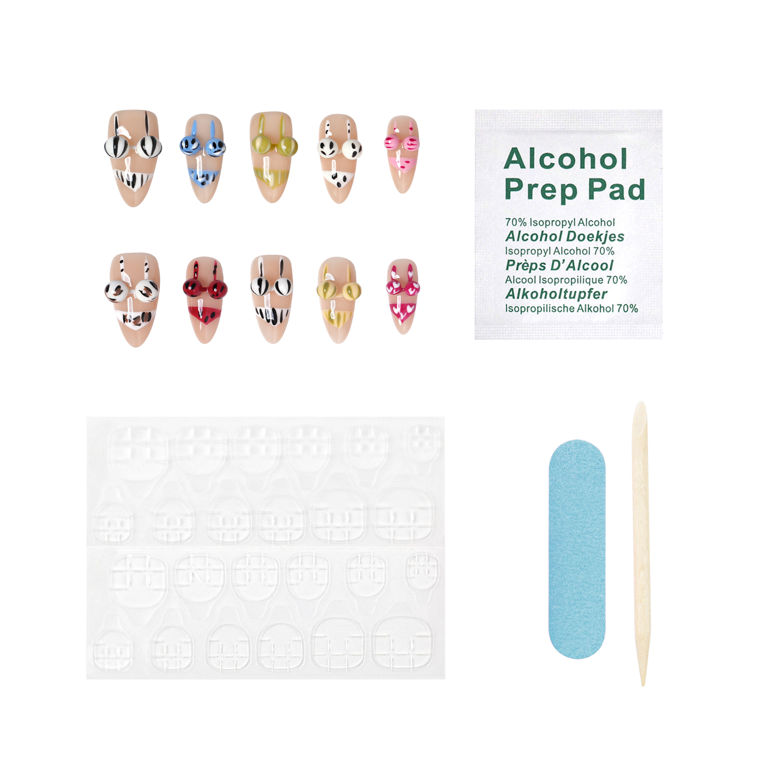 Medium almond press-on nails with a beachwear smiles design by 3H Nails, displayed in the product kit image.