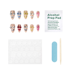 Medium almond press-on nails with a beachwear smiles design by 3H Nails, displayed in the product kit image.
