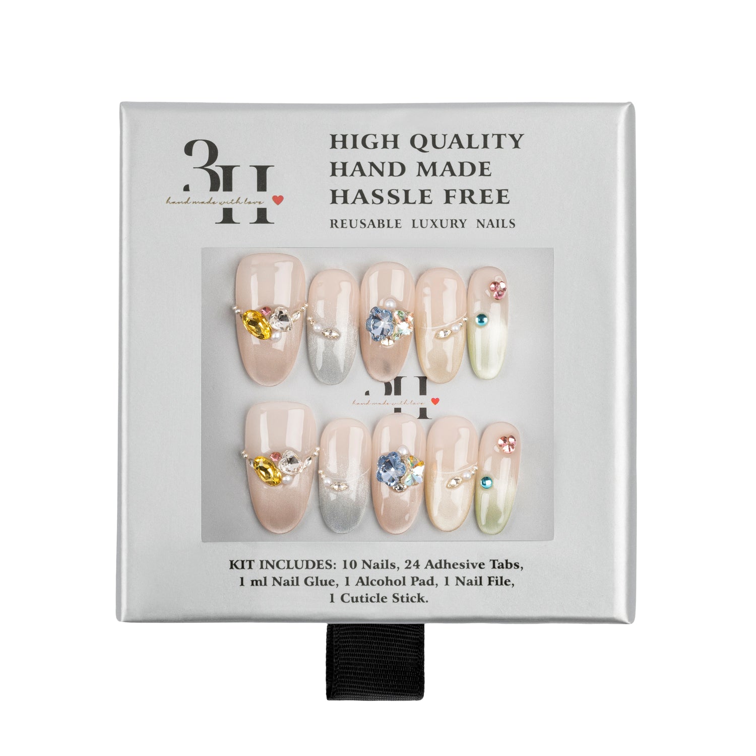 Handmade 3H Nails luxury press-on nails in a natural pink and nude design, showcasing a sleek, elegant manicure.