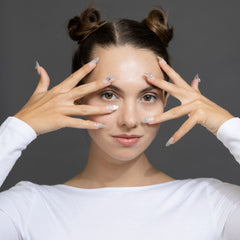 Handmade 3H Nails luxury press-on nails in design 1148, showcasing elegant, natural-looking nail tips on a model.