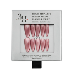 Medium almond press-on nails in Lucid Crimson by 3H Nails displayed in a box, showcasing deep crimson color and sleek design.
