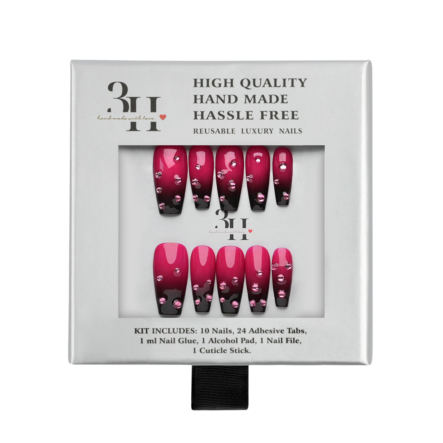 Velvet Vamp long coffin press-on nails by 3H Nails, featuring a deep red velvet finish in a stylish nail set image.