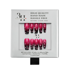 Velvet Vamp long coffin press-on nails by 3H Nails, featuring a deep red velvet finish in a stylish nail set image.