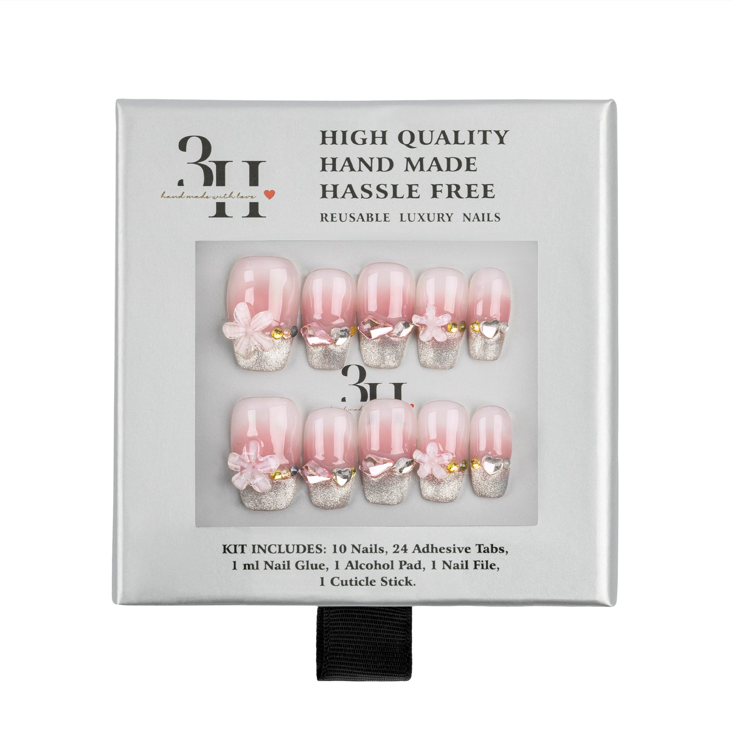 3H Luxury Handmade Press-on Nails - Pink Flower Sparkle - 3H Nails