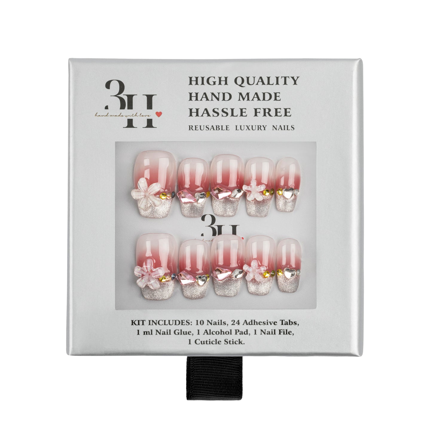 3H Luxury Handmade Press-on Nails - Pink Flower Sparkle