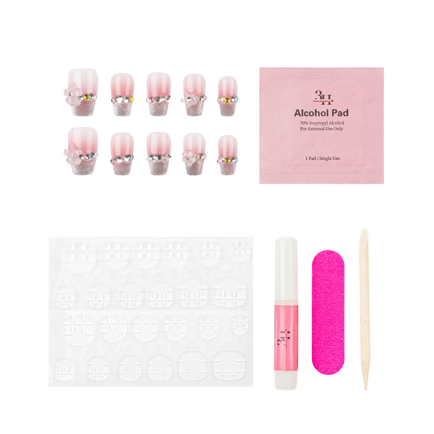 3H Luxury Handmade Press-on Nails - Pink Flower Sparkle