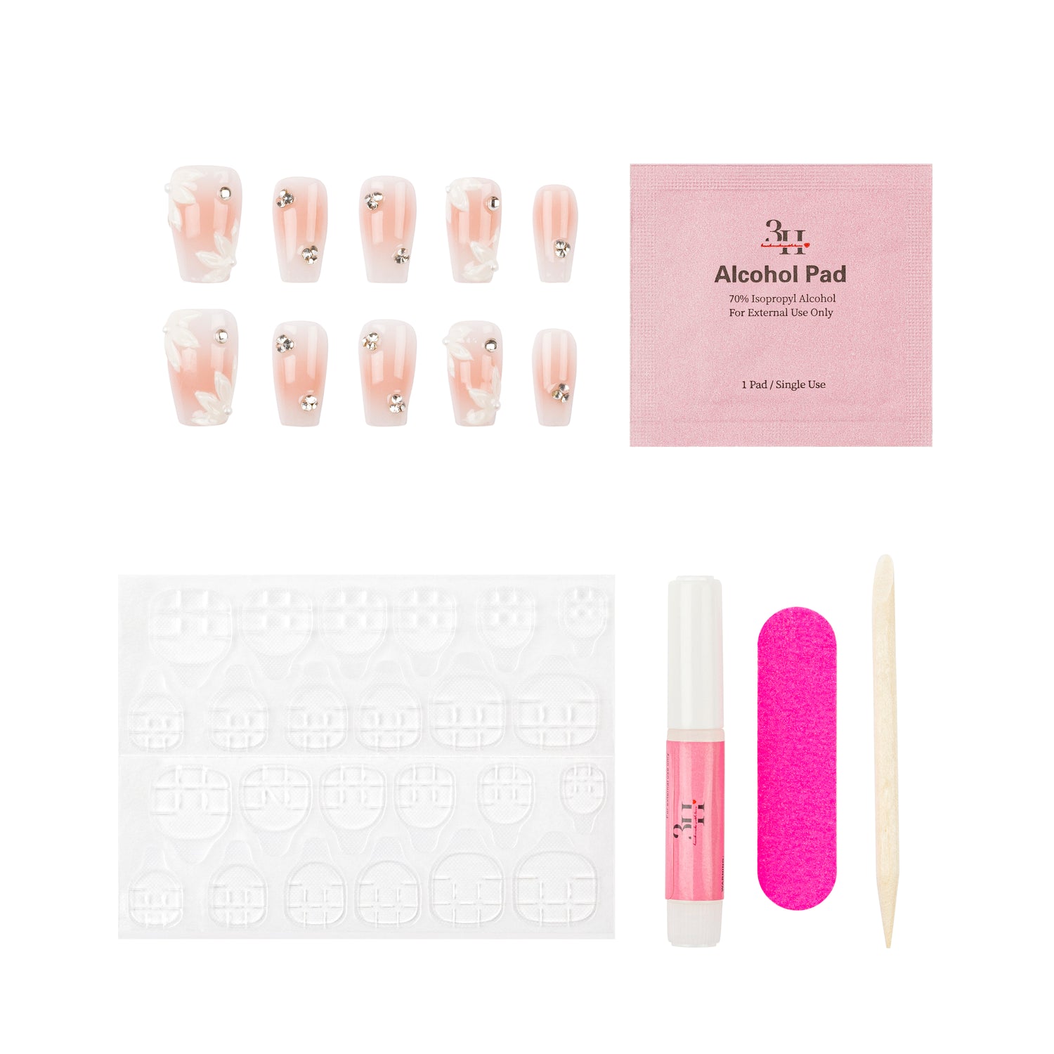 Handmade 3H Nails luxury press-on nails in design 1308, showcasing a stylish, natural-looking nail set on a white background.