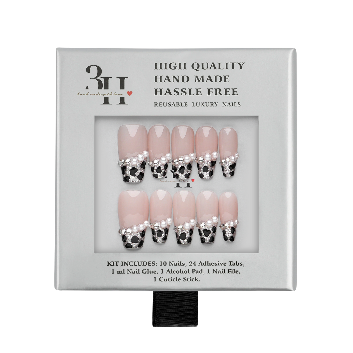 Medium coffin press-on nails with leopard print design by 3H Nails, showcasing a stylish, glossy finish in a box.