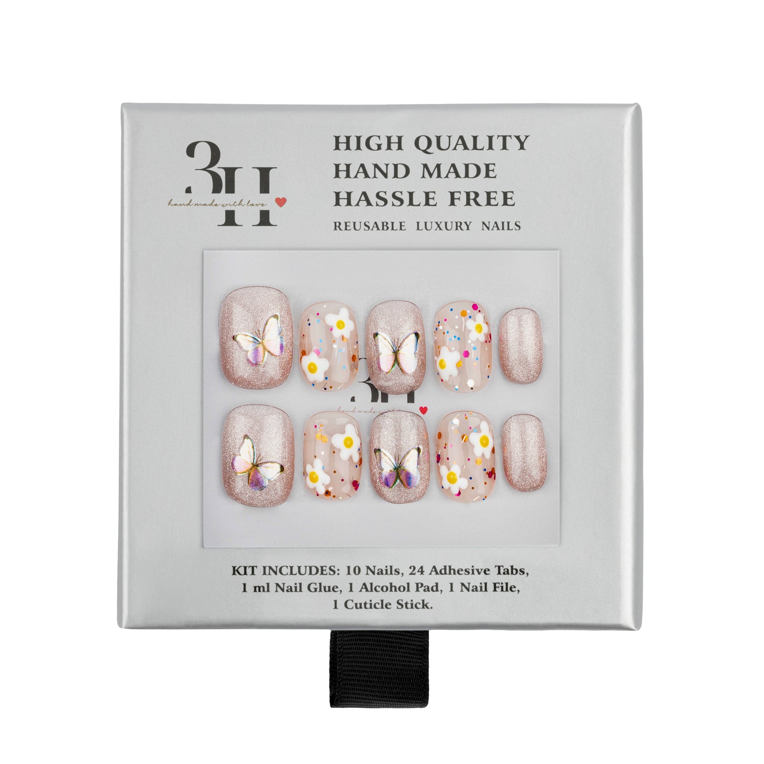 A 10-piece reusable press-on nail kit by 3H Handcrafted Love, displayed in its original light gray packaging box. The nails feature a shimmering nude-pink base with various designs including white daisies with yellow centers, metallic gold butterflies, and pink shimmery accents.