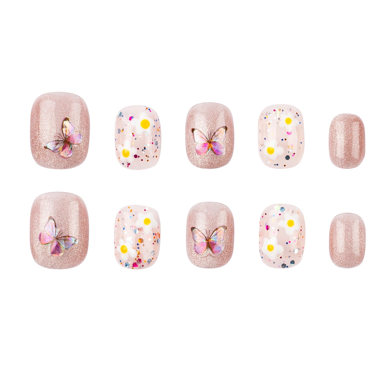 Ten press-on nails arranged in two rows on a plain white background. The set includes glittery nude-pink nails, clear white nails with multicolor confetti, and white nails with yellow dots and butterfly designs.