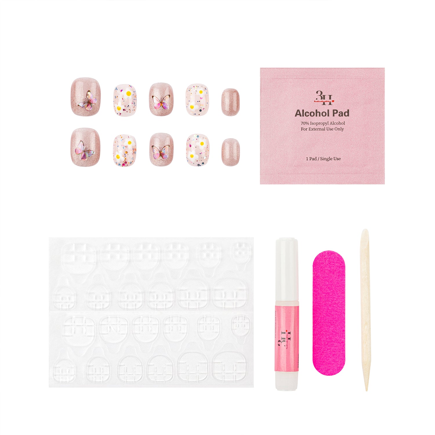 Nail art kit with 10 decorative false nails, a pink packet of alcohol pads, adhesive tabs, a pink nail file, a pink nail glue tube, and a wooden stick tool on a white background.