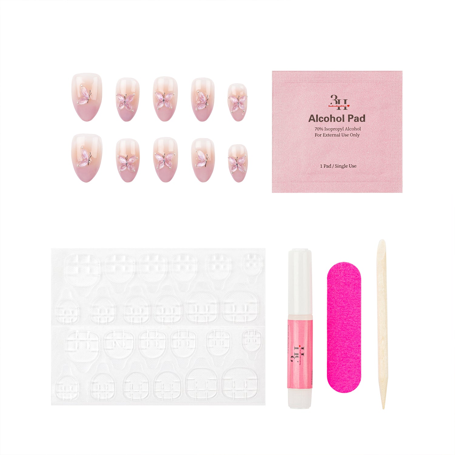 Nail art kit with 10 pink floral press-on nails, a pink packet of alcohol pads, adhesive tabs, a pink nail file, a pink nail glue tube, and a wooden stick tool on a white background.