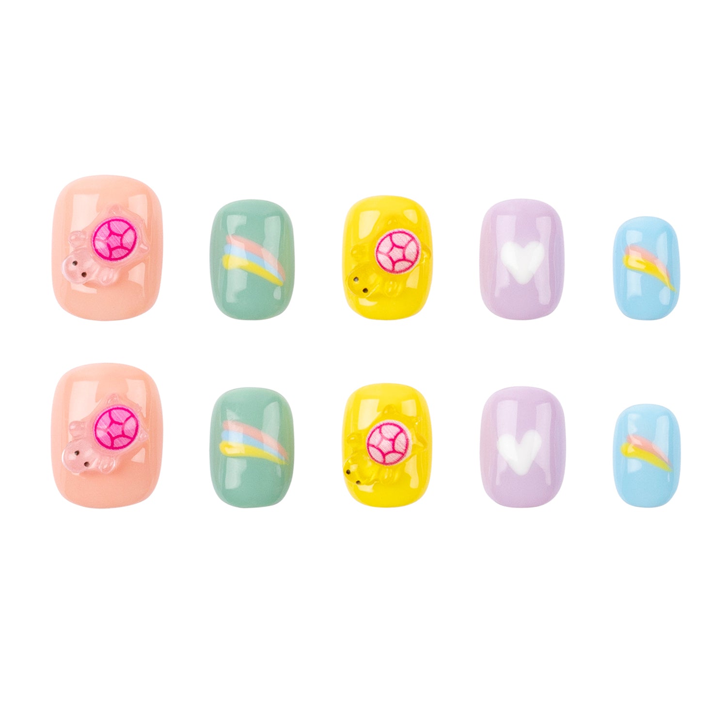 Ten pastel-colored nail wraps arranged in two rows of five on a plain white background. Each wrap features a different simple graphic: pink suns, rainbows, hearts, and stars in soft peach, mint green, yellow, lavender, and light blue.