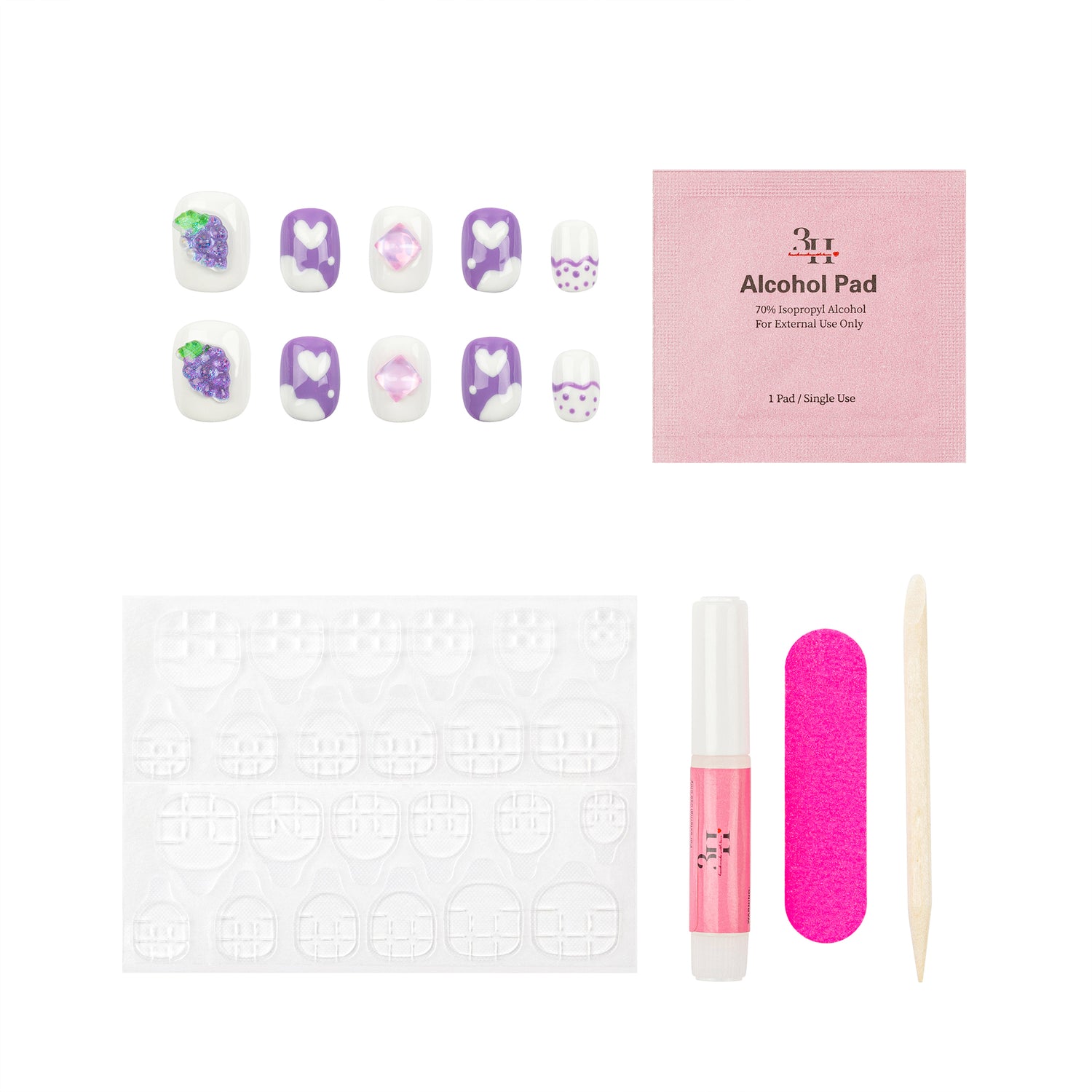 Nail art kit with a set of white and purple manicured nails, a pink packet of alcohol pads, a white nail stamping plate, a pink nail file, a pink nail polish tube, and a wooden stick tool on a white background.