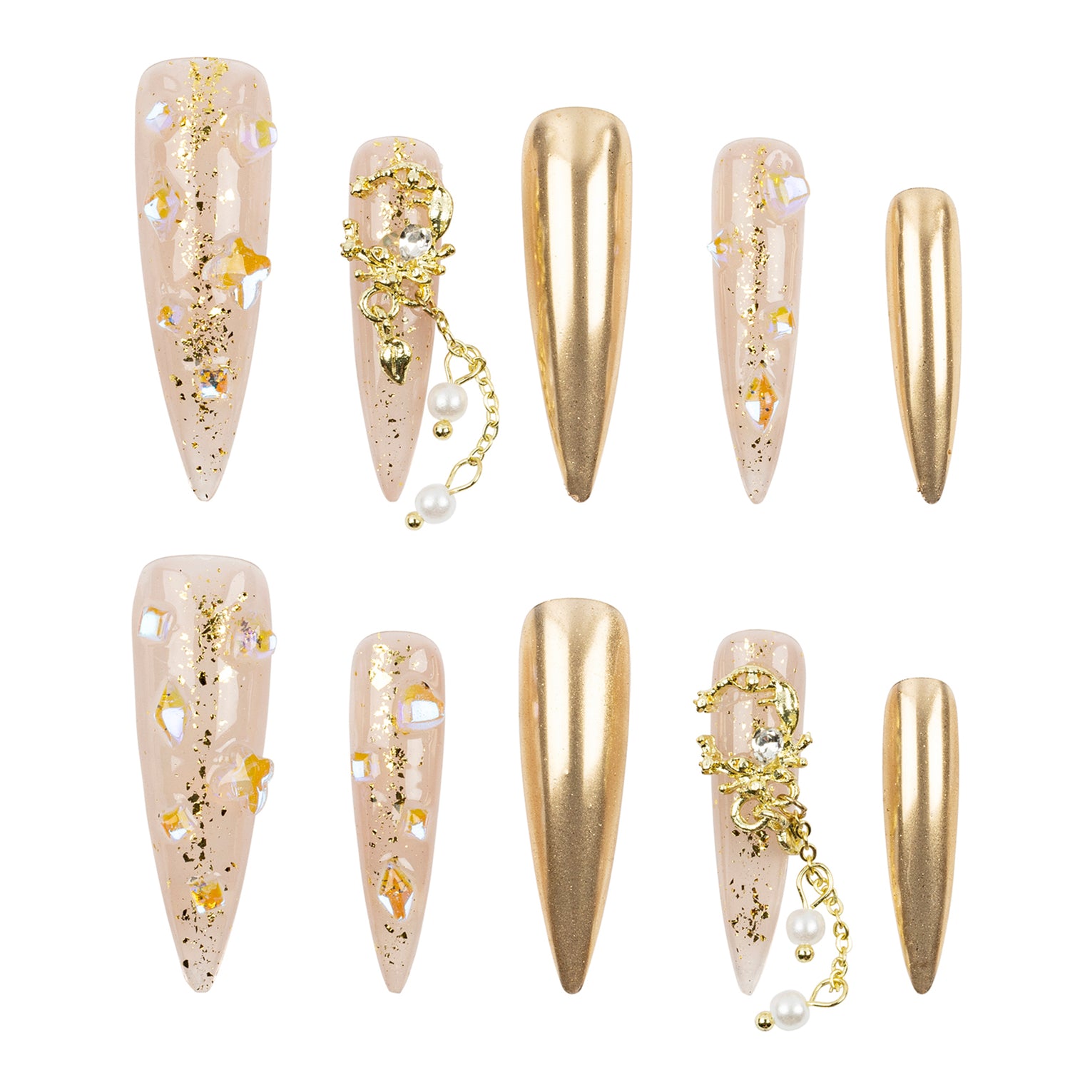 A set of artificial press-on nails arranged on a plain white background. The nails are long stiletto-shaped with a glossy metallic gold finish, some decorated with gold glitter, small white pearls, and gold floral charms.