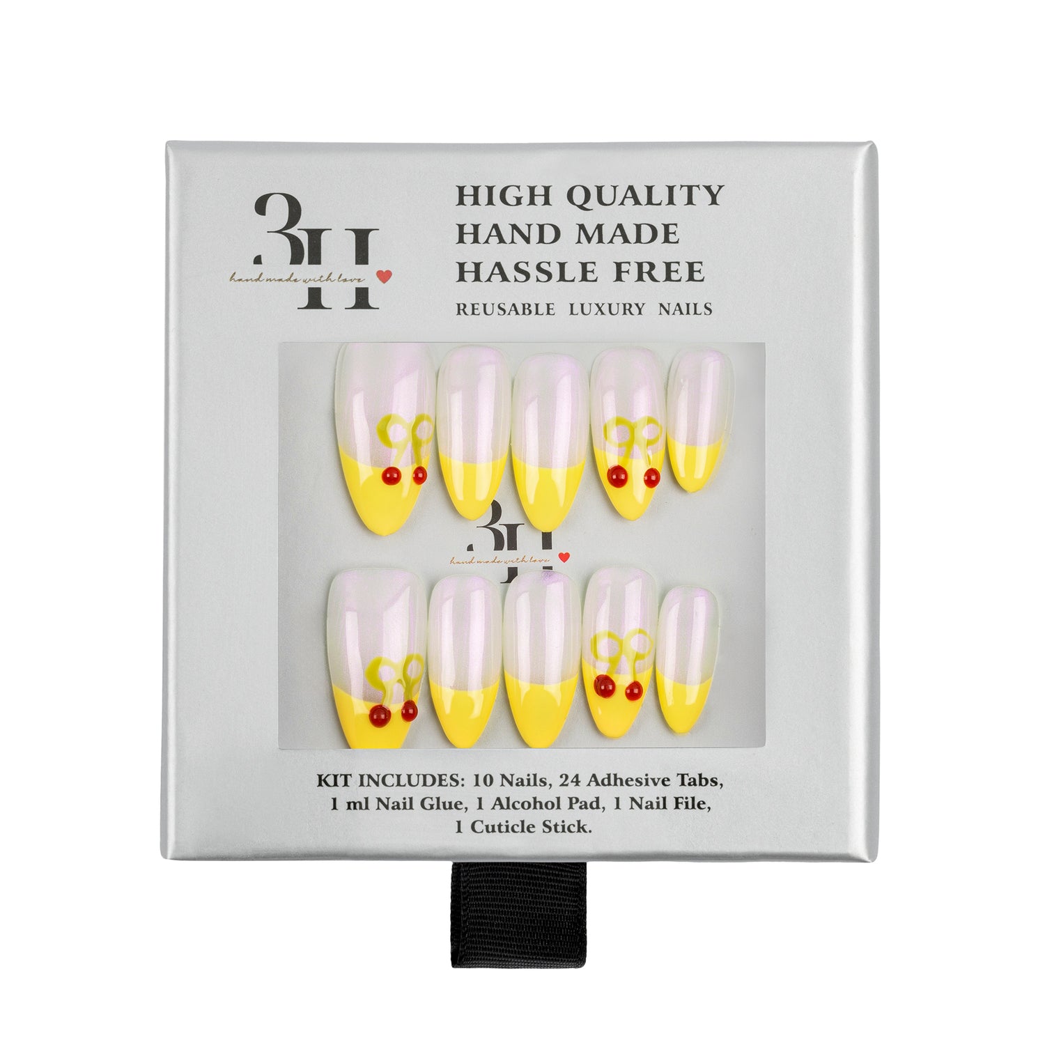A 10-piece set of reusable luxury press-on nails in a white box. The nails feature a white and yellow split design with small red heart details on the tips.