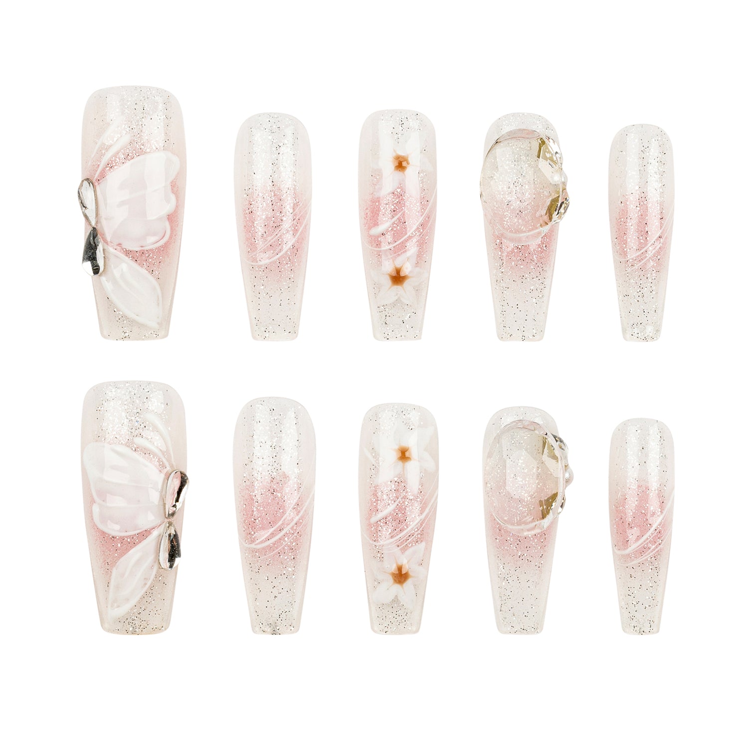 Ten false press-on nails arranged in two rows of five on a plain white background. The nails are clear with fine silver glitter and a soft pink gradient, decorated with white butterfly motifs, small gold flower accents, and metallic ring details.