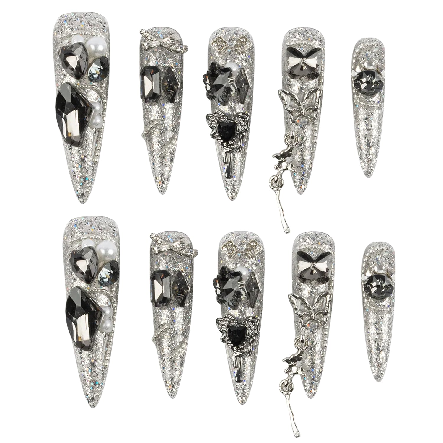 Ten silver glitter stiletto press-on nails with various rhinestone and crystal embellishments, arranged in two rows on a plain white background.
