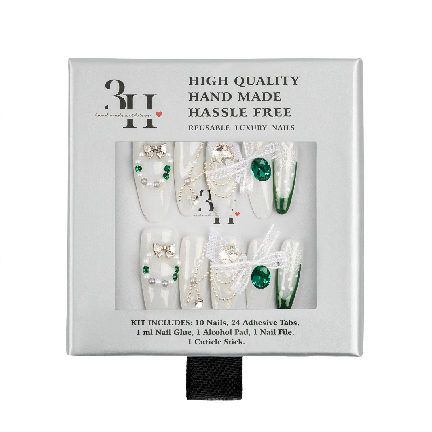 A boxed set of decorative reusable press-on nails in a white package with a clear window showing the nails. The nails are primarily white with green jewel accents, pearl details, and some sheer white ribbon bows.
