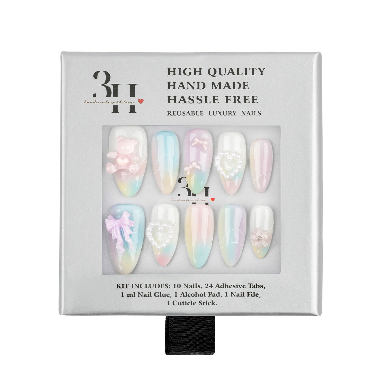 A 10-piece press-on nail kit in its original packaging, featuring pastel iridescent nails with floral and bow designs. The packaging is white with black text and a clear window displaying the nails.