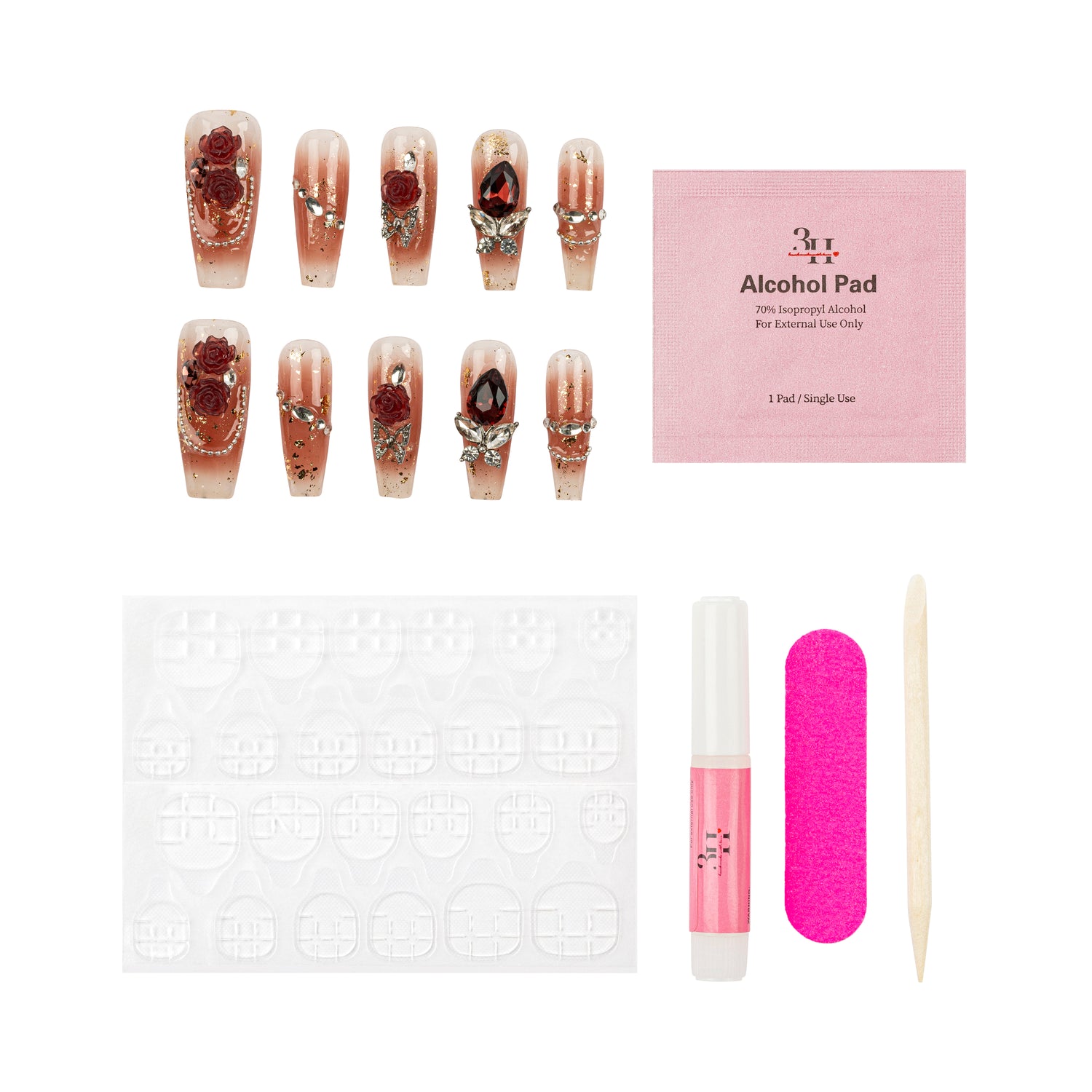 3H Luxury Handmade Press-on Nails - Crimson Rose - 3H Nails