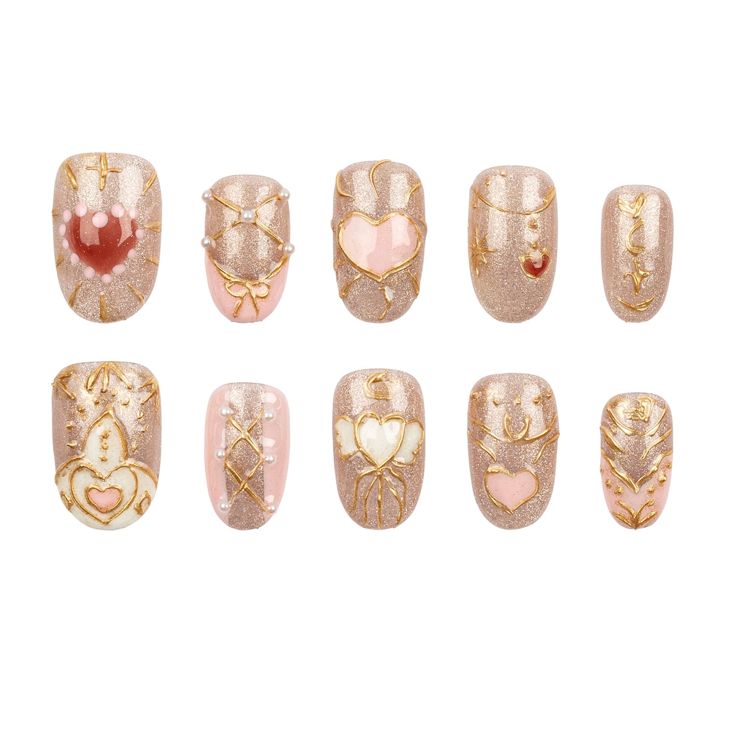 Ten decorative press-on nails arranged in two rows on a plain white background. The nails feature a glittery champagne-gold base with gold filigree patterns, pink and white heart motifs, and small pearl-like accents.