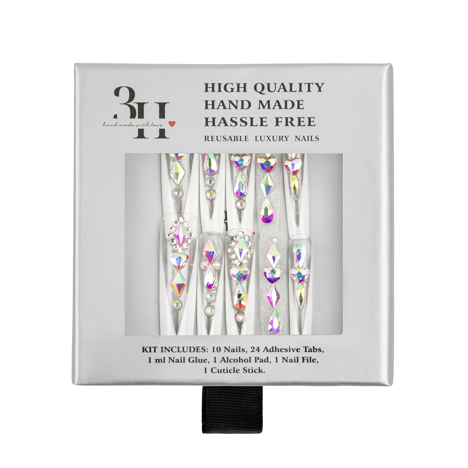 A boxed set of reusable luxury nail tips with iridescent rhinestone designs, shown in its retail packaging against a white background.