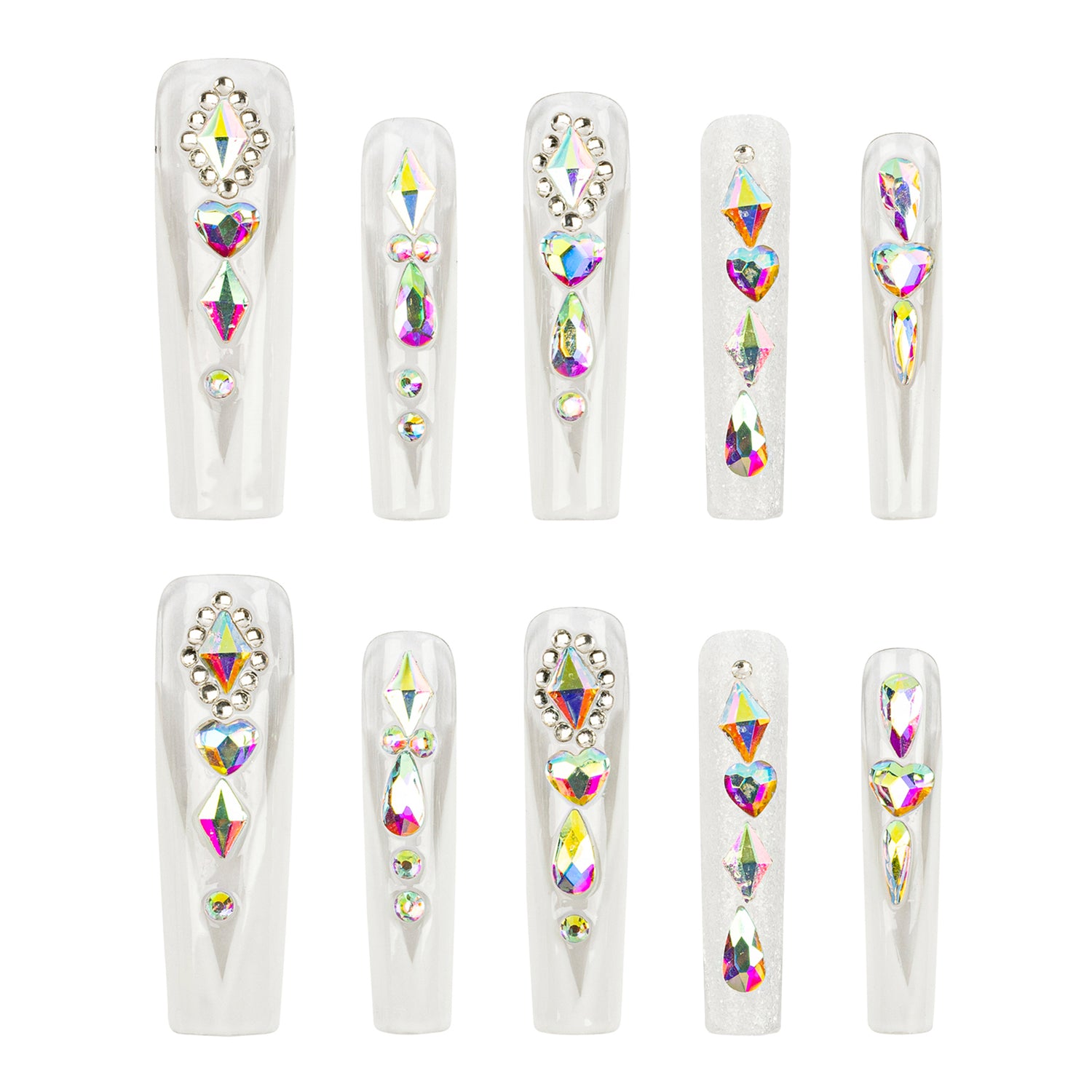Ten clear press-on nails arranged in two rows of five, each decorated with multiple iridescent rhinestones and crystals in heart, oval, and triangle shapes on a plain white background.