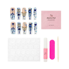 Nail art kit with decorated false nails, a pink alcohol pad, a nail gel tube, a pink nail file, a wooden cuticle stick, and adhesive tabs on a white background.