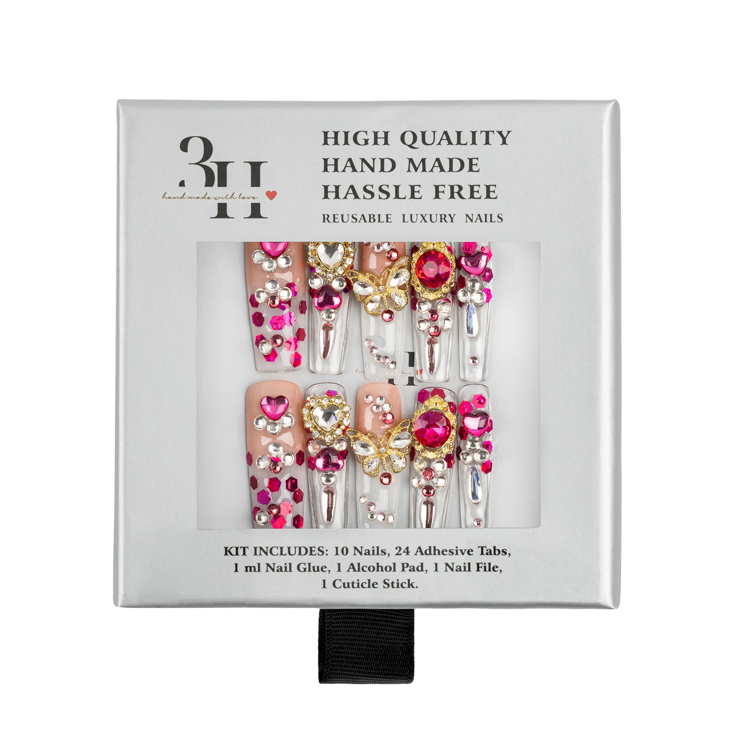 A boxed set of decorative press-on nails in a white retail package. The nails are embellished with pink rhinestones, gold foil, and clear gemstones.