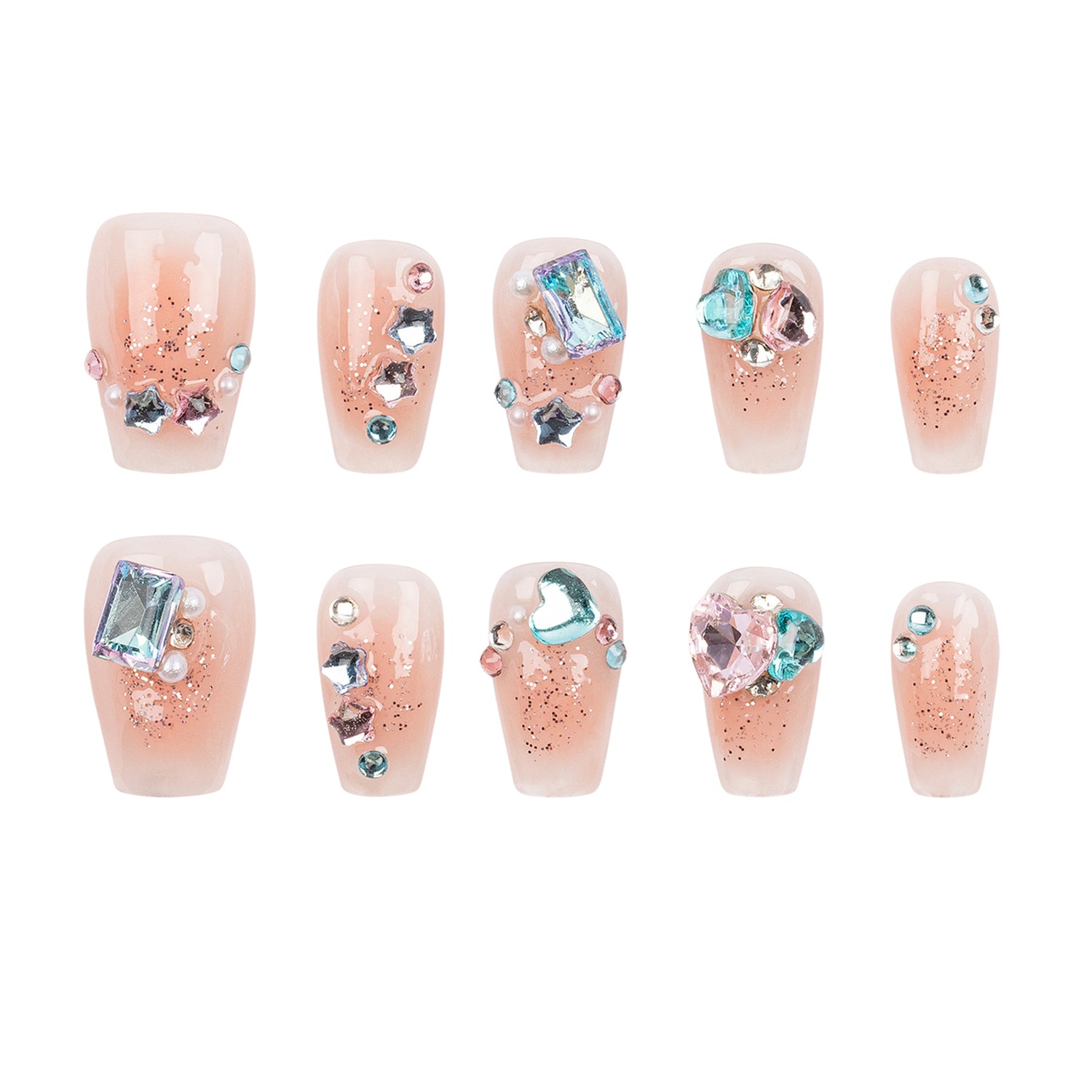 Ten-piece set of false press-on nails with a glossy nude-pink base, glittery rose-gold shimmer, and various pastel rhinestones and gem accents, arranged in two rows of five on a plain white background.
