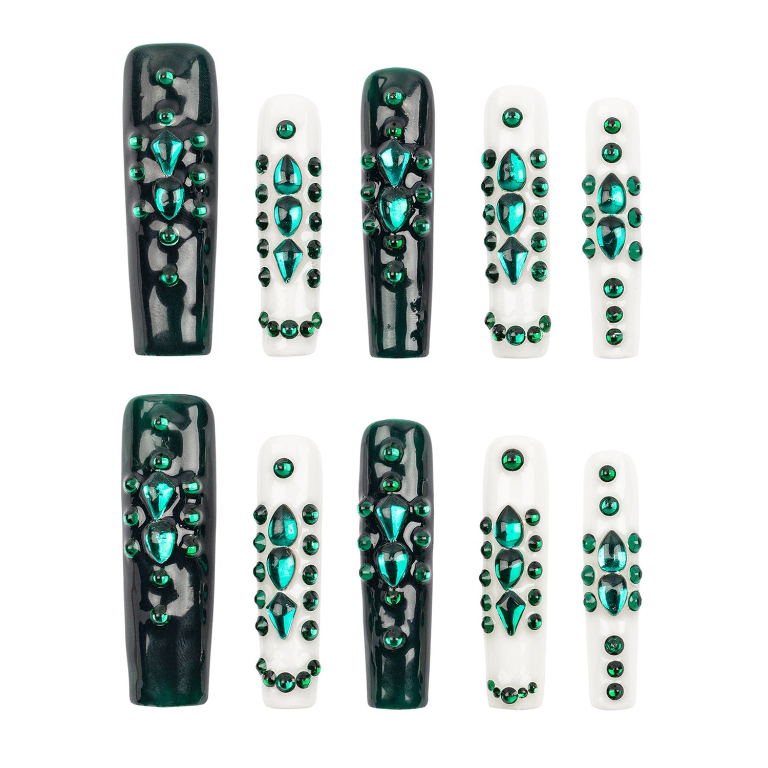 Ten coffin-shaped press-on nails arranged in two rows of five on a plain white background. The nails feature glossy black and white bases decorated with multiple rows of sparkling green rhinestones.