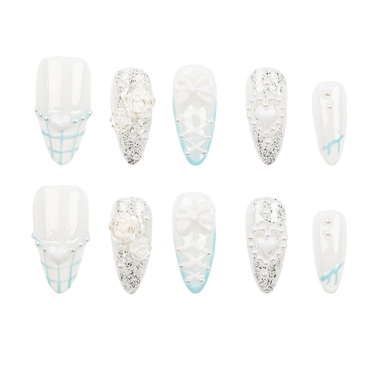 A set of ten false press-on nails arranged in two rows of five on a plain white background. The nails are primarily white with various embellishments including silver glitter, 3D white roses, heart charms, and light blue grid patterns.
