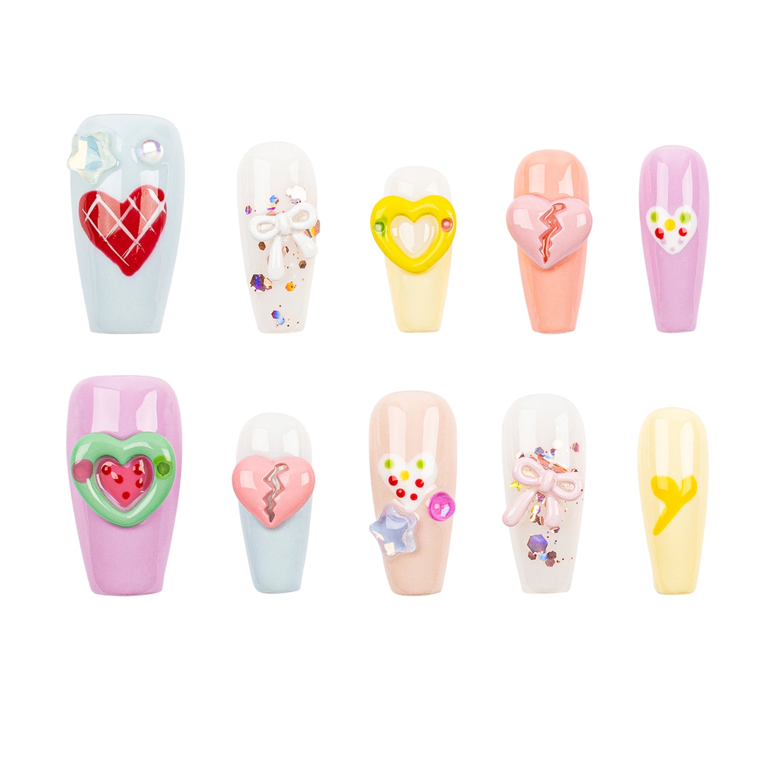 Ten artificial press-on nails arranged in two rows on a plain white background. The nails feature pastel colors and cute designs including hearts, bows, stars, and bunny motifs.