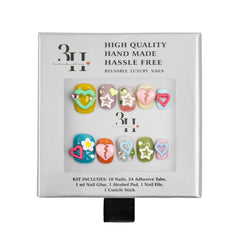 A 3H brand reusable luxury nail kit in its original white cardboard packaging, featuring 10 colorful decorative press-on nails with heart and star designs.