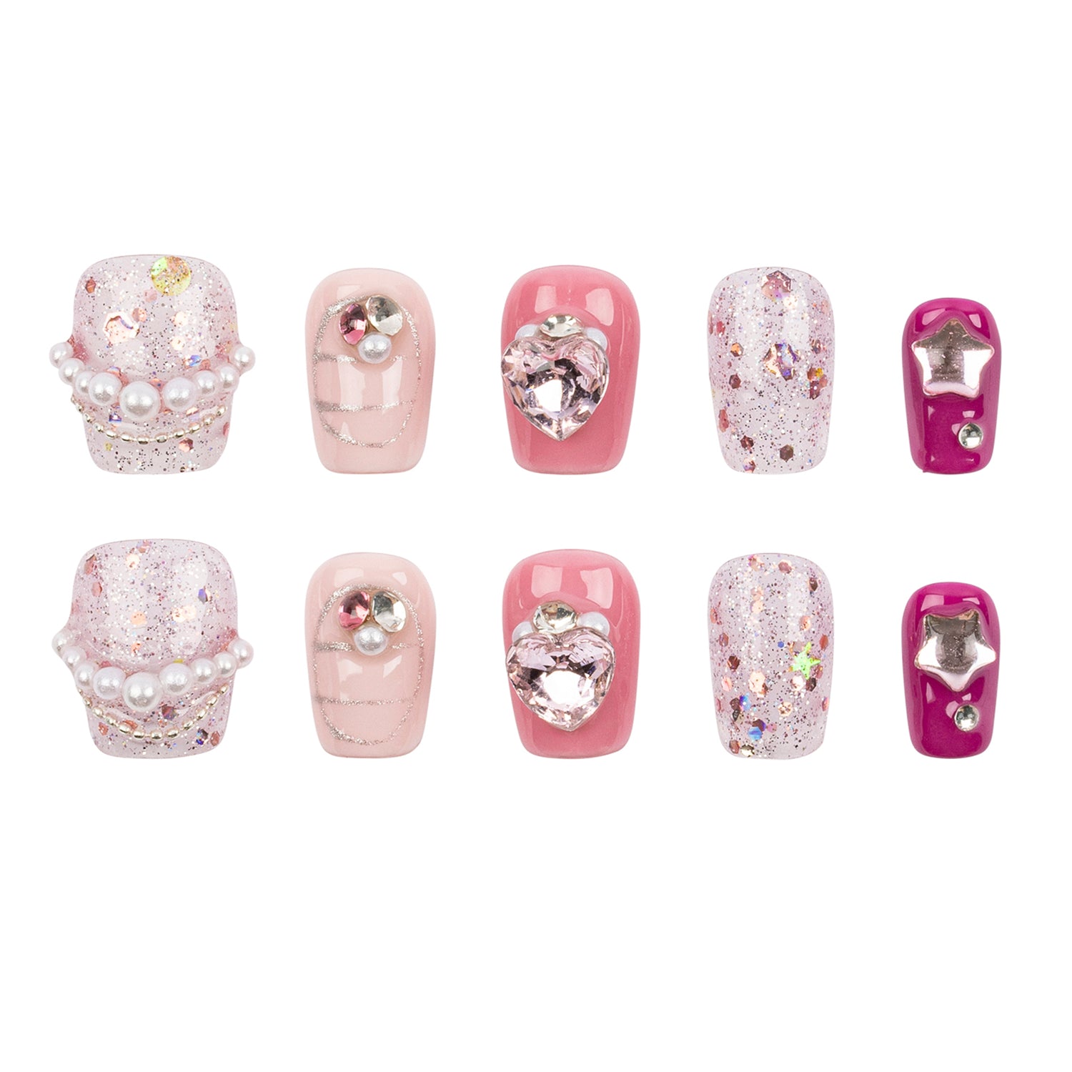 A set of ten artificial press-on nails arranged in two rows of five on a plain white background. The nails feature various pink and white glitter designs, pearl accents, rhinestones, and metallic star details.