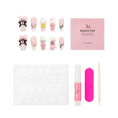 Nail art kit with decorative false nails, a pink packet of alcohol pads, a white nail file, a pink nail file, a pink nail polish tube, and a wooden stick tool on a white background.