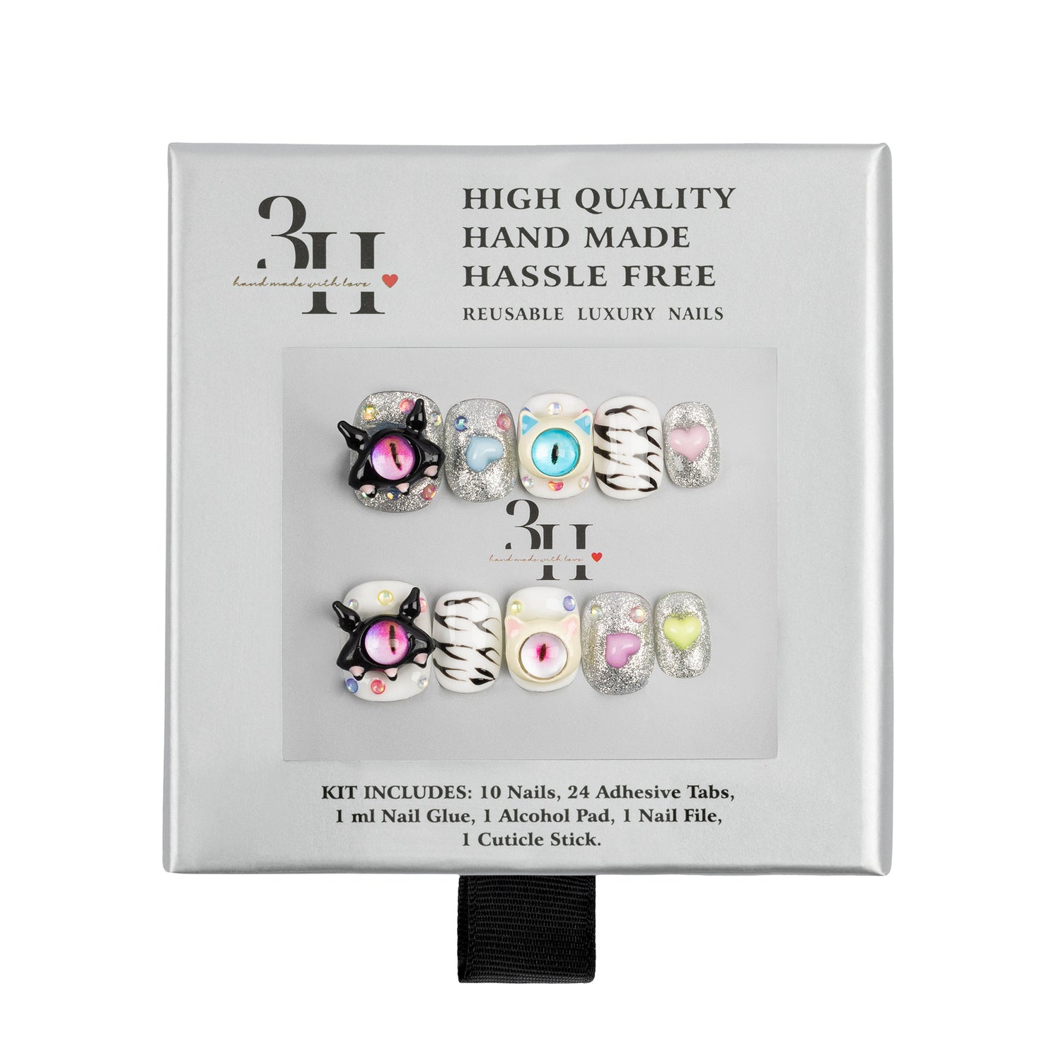 A 3H brand reusable luxury press-on nail kit in its original packaging, featuring two sets of decorative nails with cat-eye designs, zebra prints, and pastel accents.