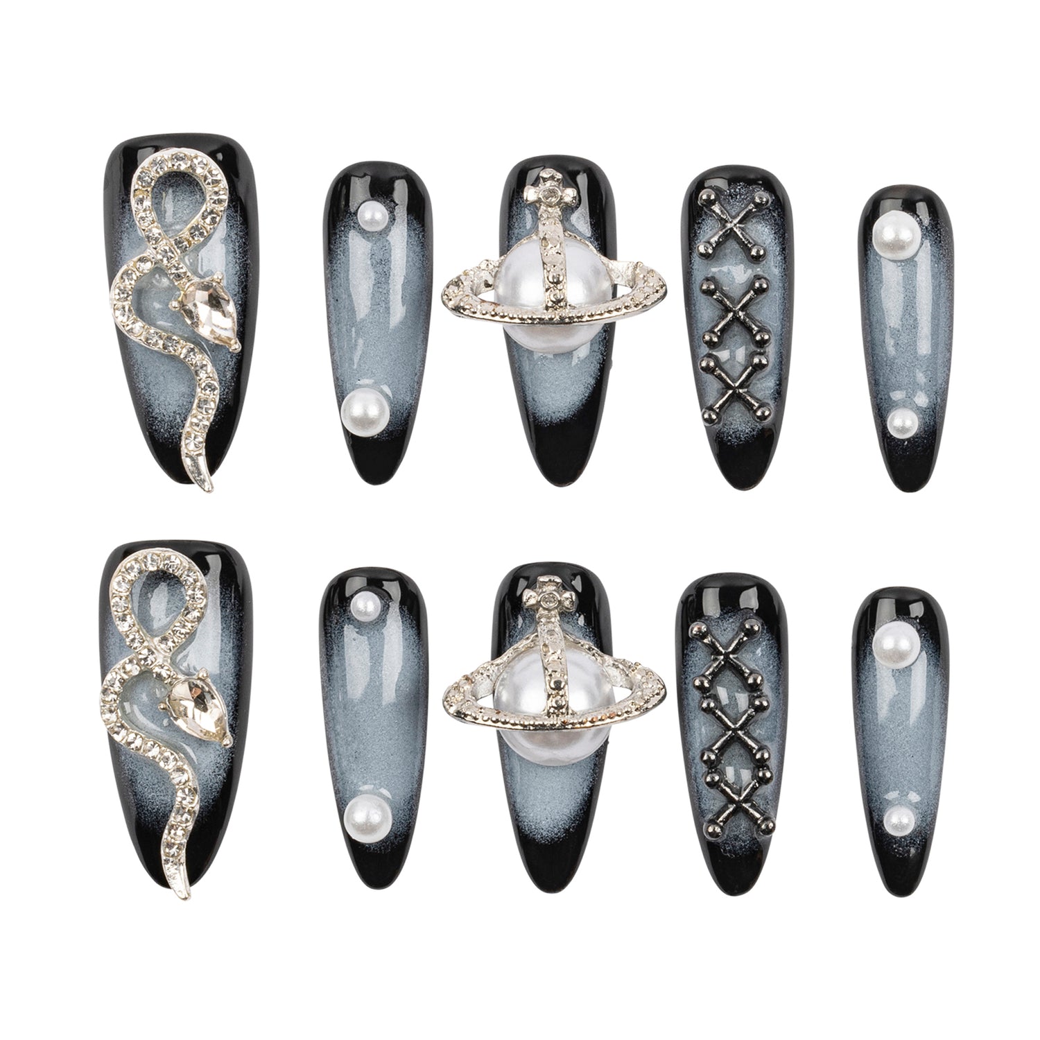 A set of 10 coffin-shaped press-on nails arranged in two rows of five on a plain white background. The nails feature a black and gray smoky gradient base with various silver and white decorative designs, including a snake, a ring-like planet, geometric lattice patterns, and faux pearl details.