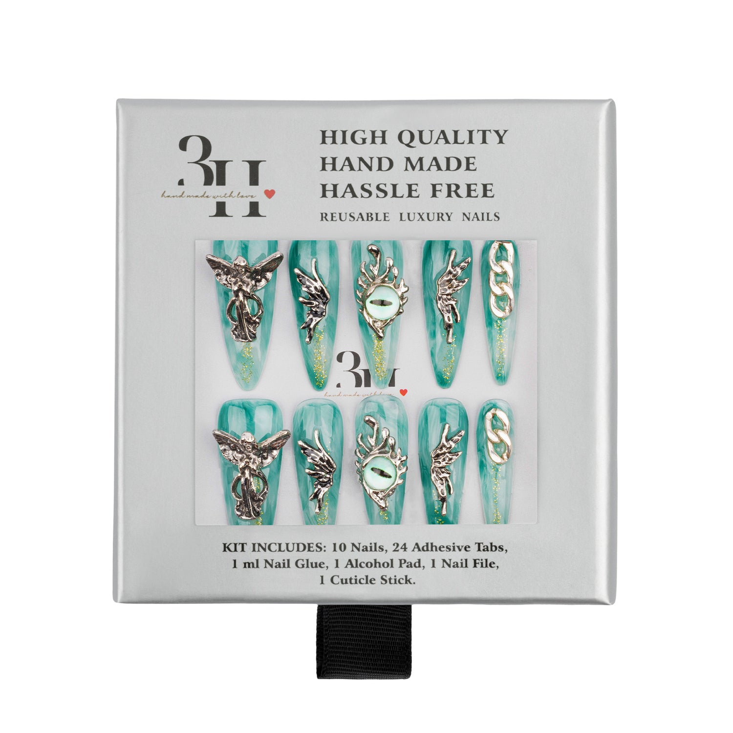 A 10-piece set of decorative press-on nails in a mint green and silver colorway, presented in a white retail box with product details printed on the front.