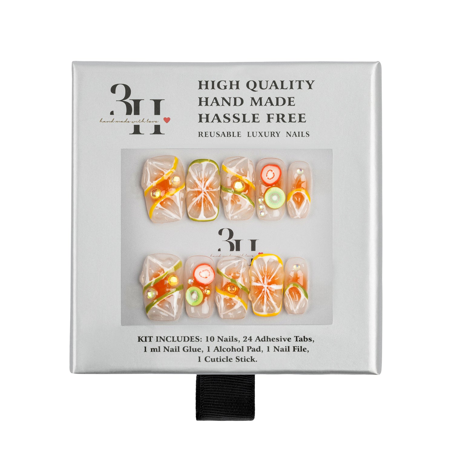 Handmade 3H Luxury Press-on Nails in style 1565, featuring stylish, yellow and orange citrus designs.