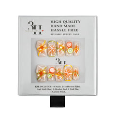 Handmade 3H Luxury Press-on Nails in style 1565, featuring stylish, yellow and orange citrus designs.