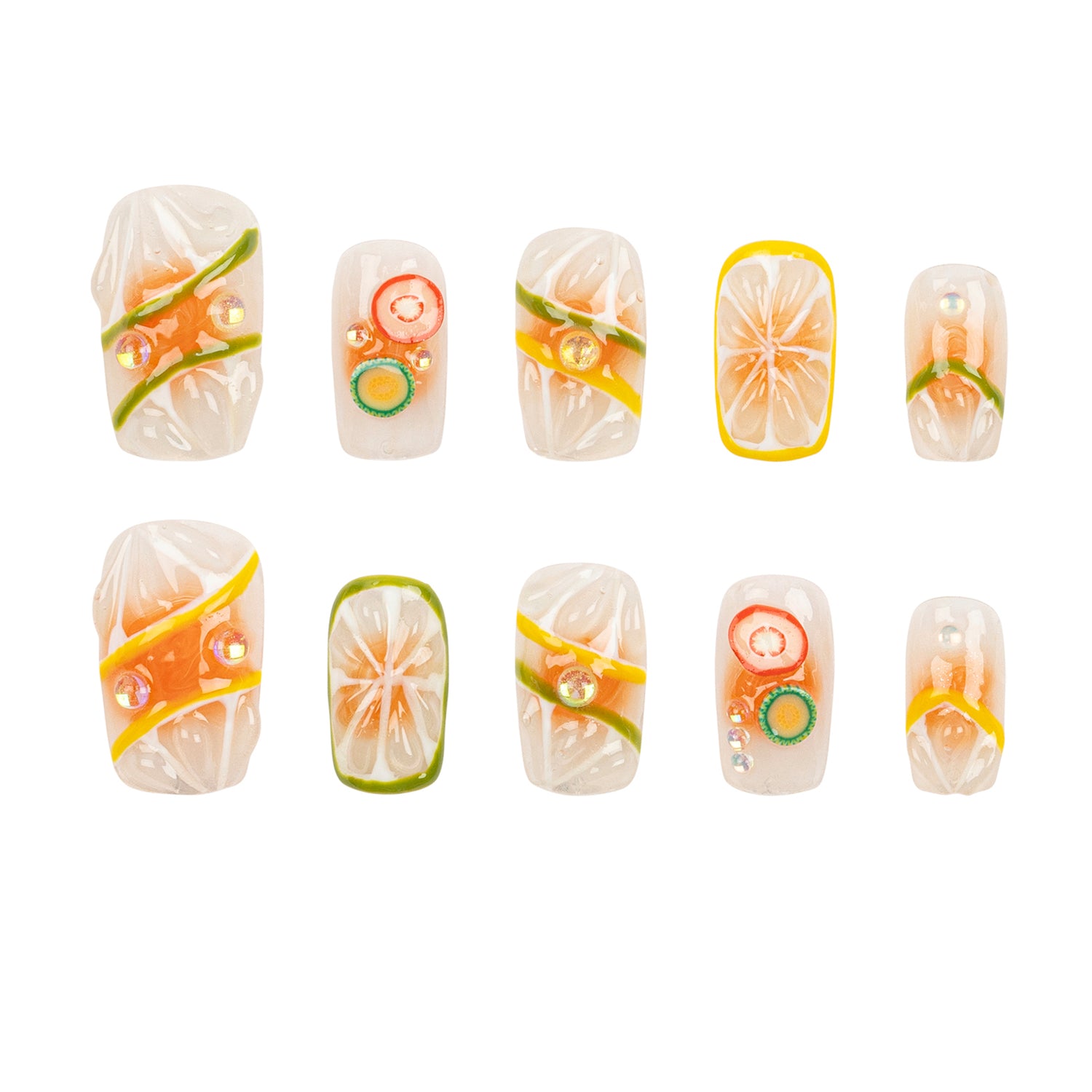 Handmade 3H Luxury Press-on Nails in style 1565, featuring stylish, yellow and orange citrus designs.