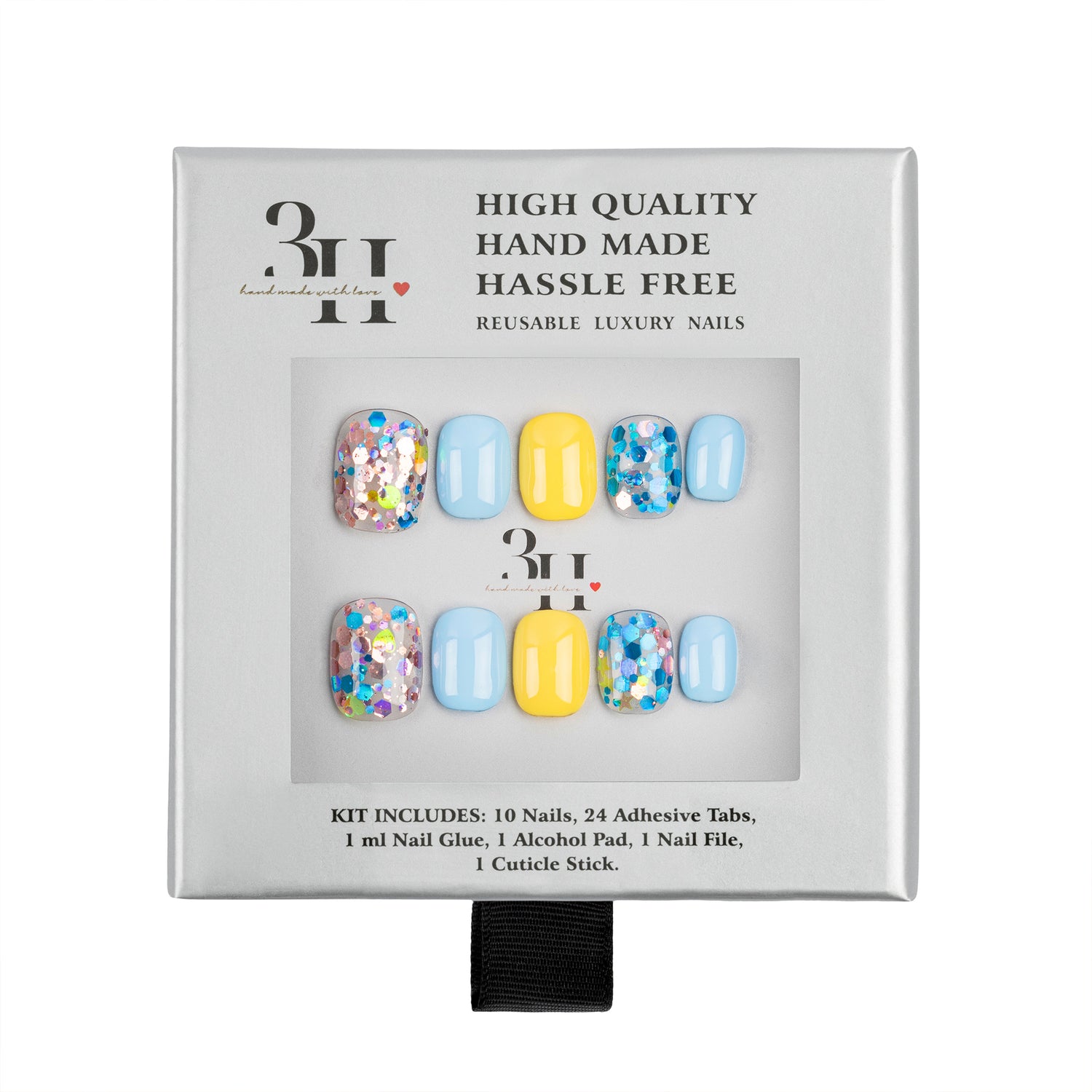 A 3H brand reusable press-on nail kit in its original silver packaging, featuring a set of ten nails with pastel blue, yellow, and multicolor glitter designs.