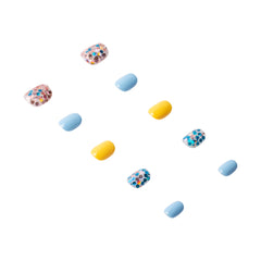 Handmade press-on nails in a natural pink and white design with intricate detailing, by 3H Nails.